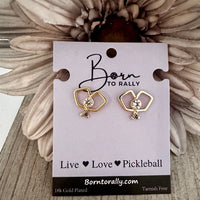 Gold Double Pickleball Paddle Cz Stud Earrings