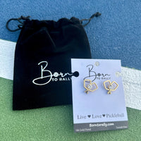 Gold Double Pickleball Paddle Cz Stud Earrings