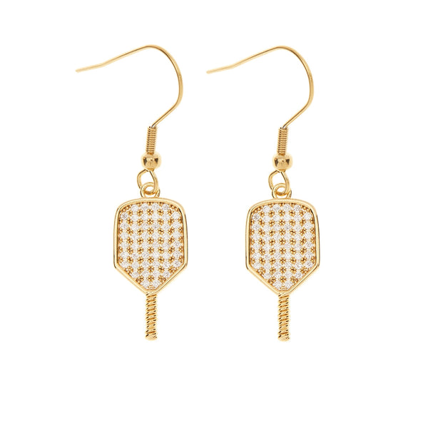 Pickleball Paddle Cz Dangle Earrings - 18k Gold Plated