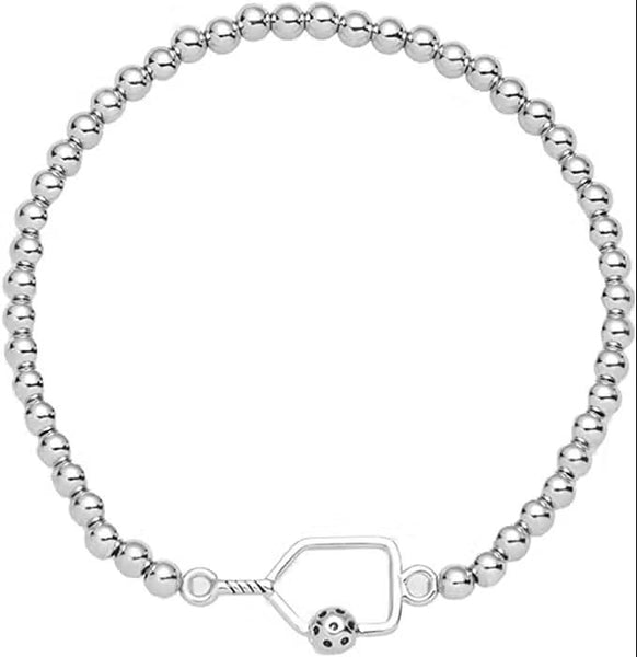 Pickleball Beaded Stretch Bracelet - Silver