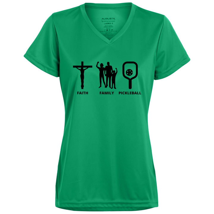 Women's V-Neck Dry Fit - Faith Family Pickleball (black print)