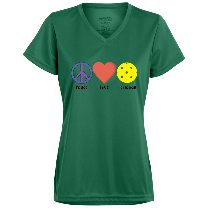 Women's V-Neck Dry Fit - Peace Love Pickleball (symbols)