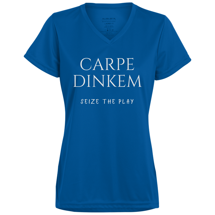 Women's V-Neck Dry Fit - Carpe Dinkem (white print)