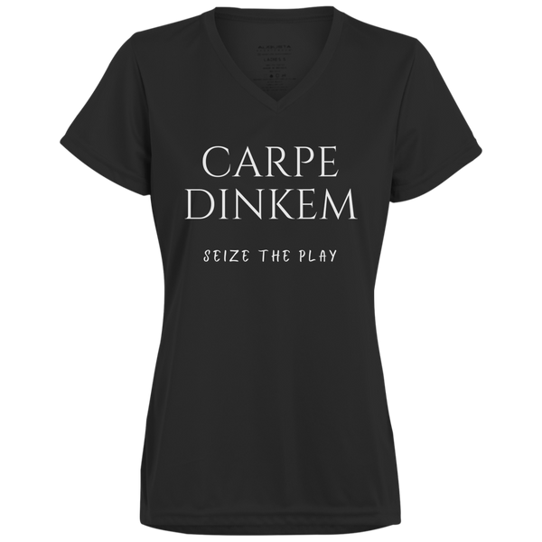 Women's V-Neck Dry Fit - Carpe Dinkem (white print)