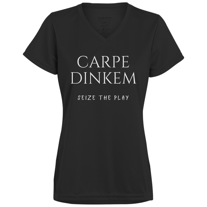 Women's V-Neck Dry Fit - Carpe Dinkem (white print)