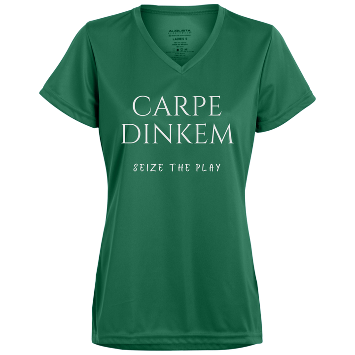 Women's V-Neck Dry Fit - Carpe Dinkem (white print)