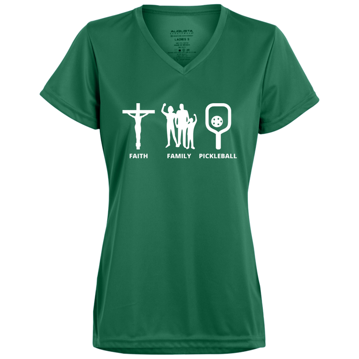 Women's V-Neck Dry Fit - Faith Family Pickleball (white print)