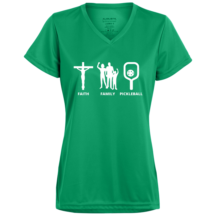 Women's V-Neck Dry Fit - Faith Family Pickleball (white print)