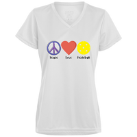 Women's V-Neck Dry Fit - Peace Love Pickleball (symbols)