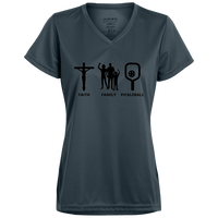 Women's V-Neck Dry Fit - Faith Family Pickleball (black print)