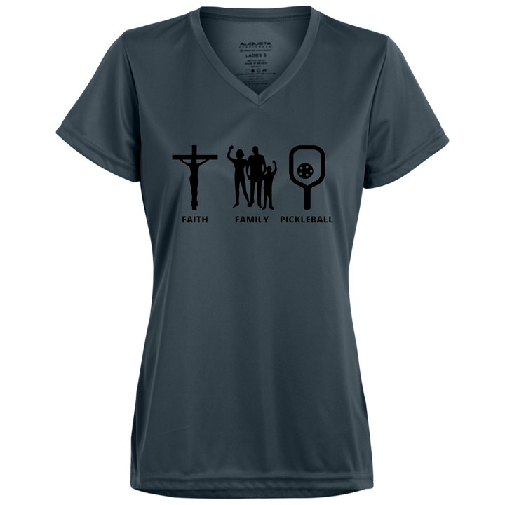 Women's V-Neck Dry Fit - Faith Family Pickleball (black print)