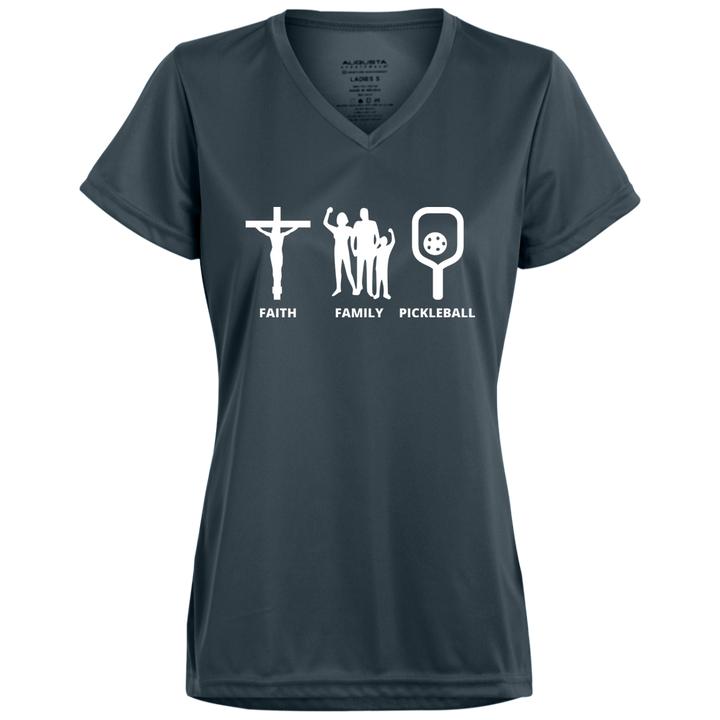 Women's V-Neck Dry Fit - Faith Family Pickleball (white print)