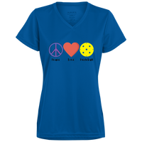 Women's V-Neck Dry Fit - Peace Love Pickleball (symbols)