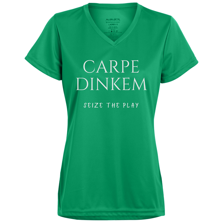 Women's V-Neck Dry Fit - Carpe Dinkem (white print)