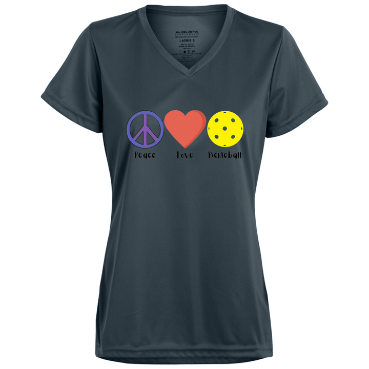 Women's V-Neck Dry Fit - Peace Love Pickleball (symbols)