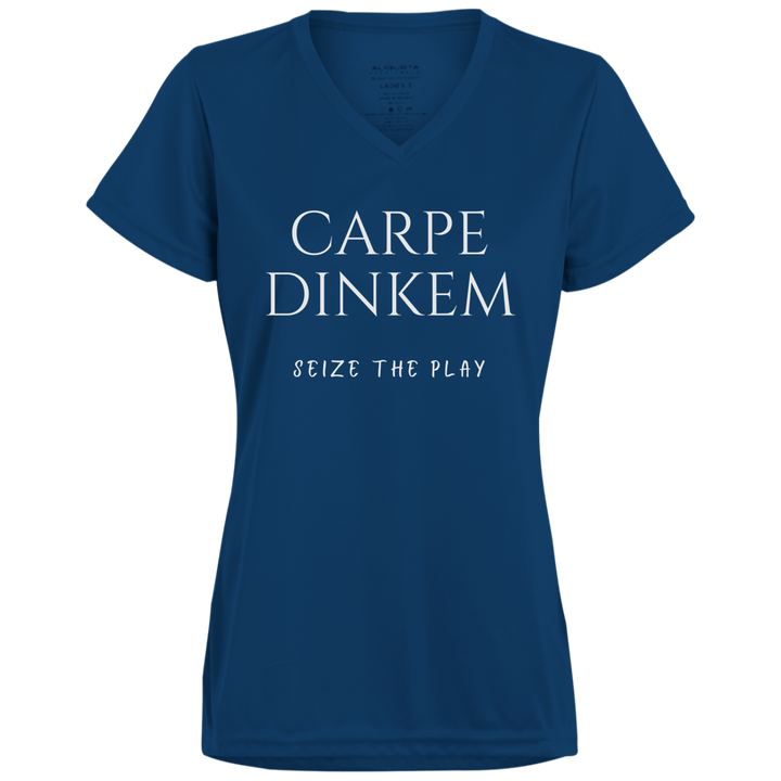 Women's V-Neck Dry Fit - Carpe Dinkem (white print)