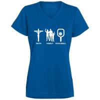 Women's V-Neck Dry Fit - Faith Family Pickleball (white print)