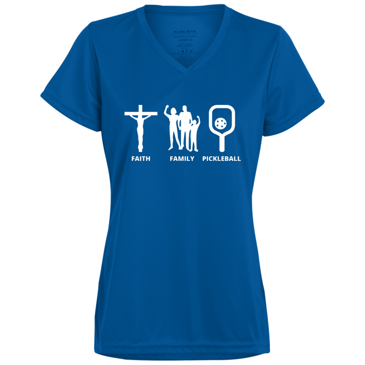 Women's V-Neck Dry Fit - Faith Family Pickleball (white print)