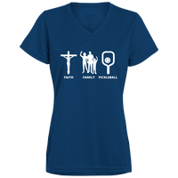Women's V-Neck Dry Fit - Faith Family Pickleball (white print)