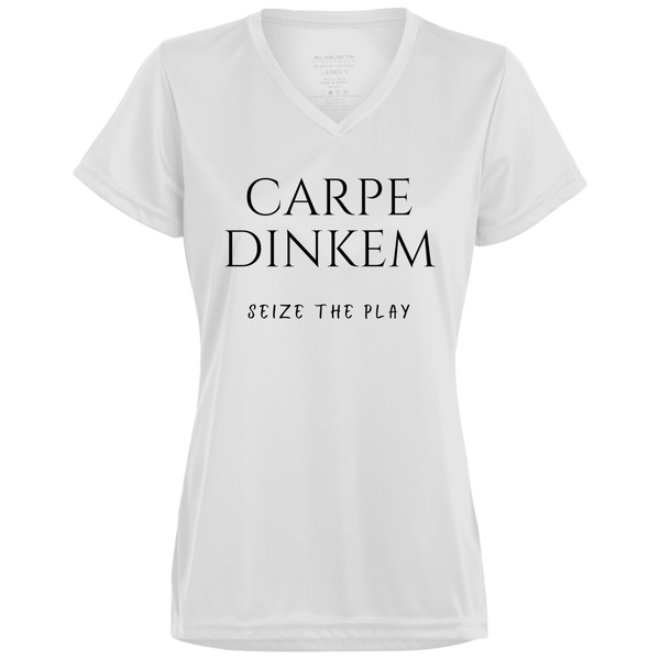 Women's V-Neck - Carpe Dinkem (black print)