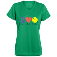 Women's V-Neck Dry Fit - Peace Love Pickleball (symbols)