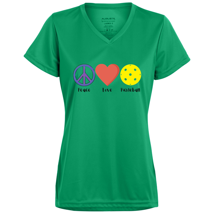 Women's V-Neck Dry Fit - Peace Love Pickleball (symbols)