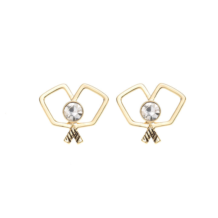 Gold Double Pickleball Paddle Cz Stud Earrings