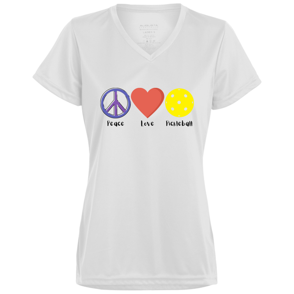 Women's V-Neck Dry Fit - Peace Love Pickleball (symbols)