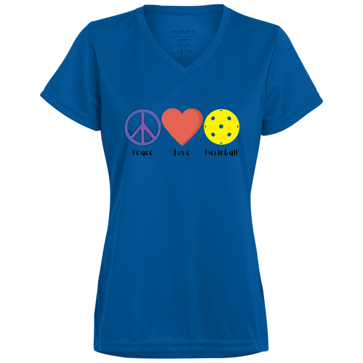 Women's V-Neck Dry Fit - Peace Love Pickleball (symbols)